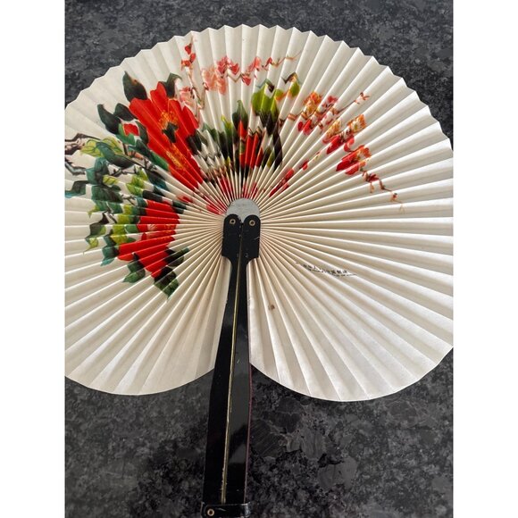 Vintage Chinese Fan With Floral Design Bird & Black Handle Virgin Islands - Picture 2 of 15